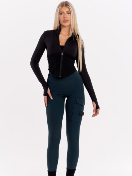 Dark green ladies leggings with pockets and buckle