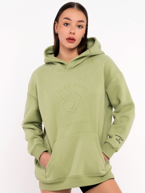 Thick fleece hoodie in green with fancy print and embroidery