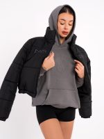 Grey hooded sweatshirt with 3D print on the front