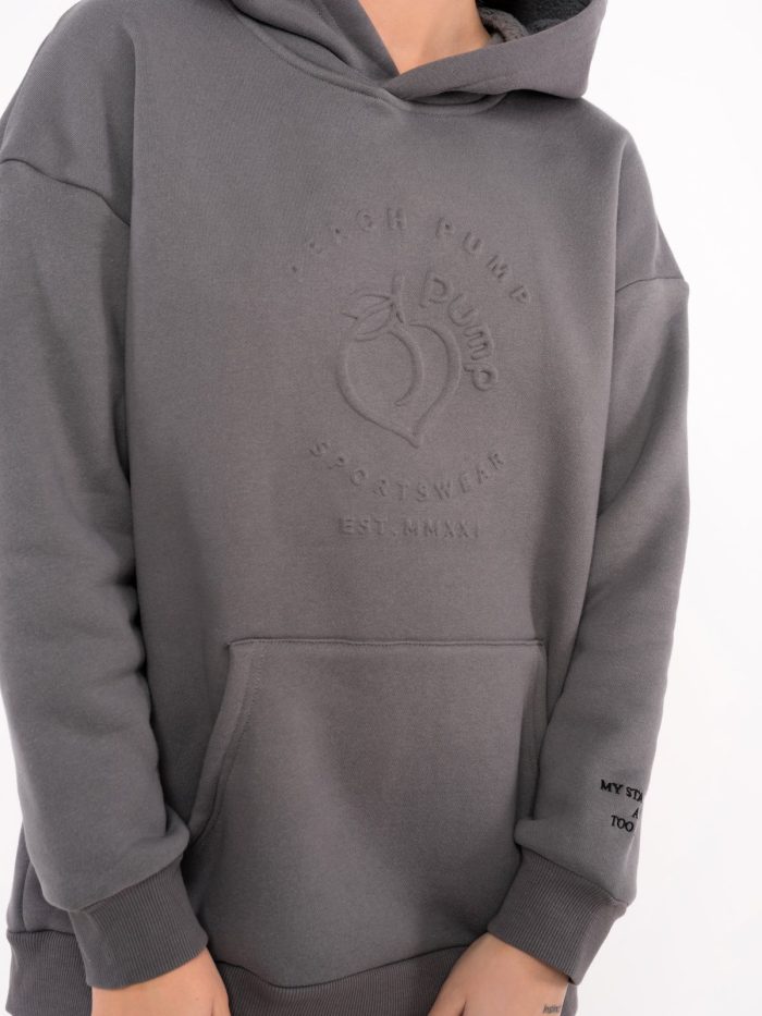 Thick grey winter fleece hoodie with embroidery and 3D logo Peach Pump