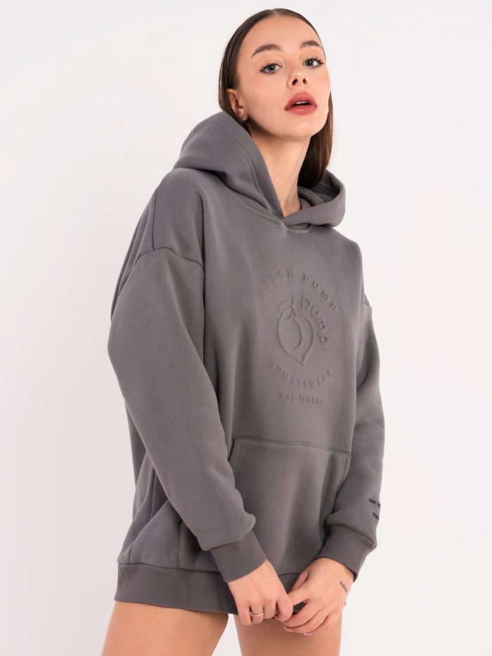 Fleece hoodie with Peach Pump 3D embossing in grey color