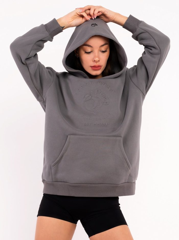 Thick fleece hoodie with front pocket in grey, 3D embossed logo Peach Pump