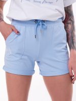 Blue sweatpants with embroidery and tightening at the waist