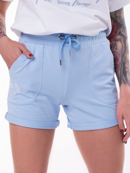 Blue sweatpants with embroidery and tightening at the waist