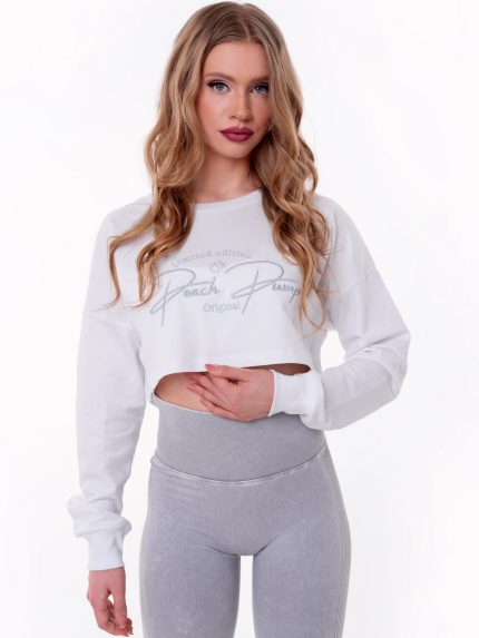 Bluză albă scurtă cu broderie gri deschis