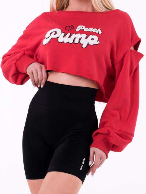 Γυναικείο κόκκινο crop top τύπου φούτερ, με φαρδιά μανίκια και απαλό κέντημα