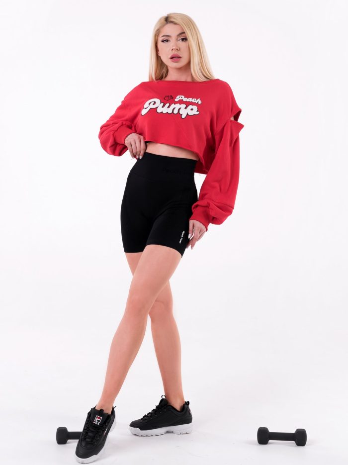 Crveni sportski model sweatshirt za teretanu s prorezom na ramenu i širokim rukavima