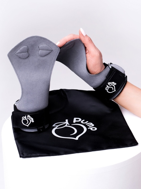 Grips-uri de damă pentru greutăți, de culoare gri, mânere de antrenament din piele cu logo-ul Peach Pump cauciucat