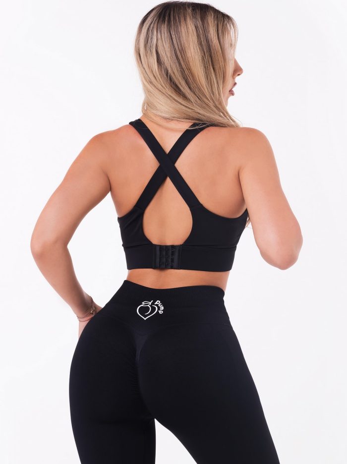 Black sports bra with inscriptions on the back, multi-stage fastening