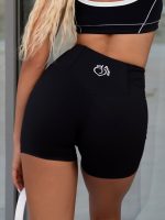 Black elastic short leggings with white logo and high waist