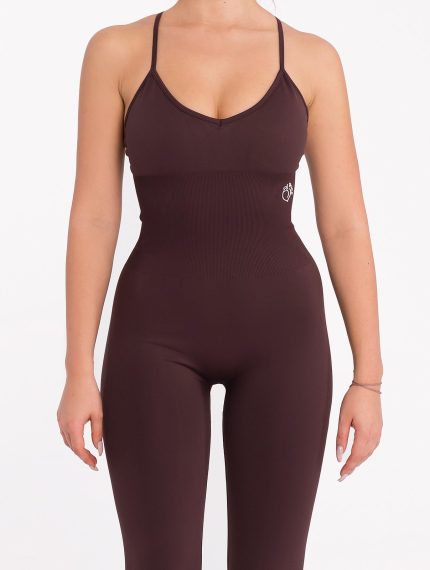 Brown seamless jumpsuit, unitard with thin straps and padding with lifting effect