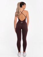 Brown seamless sports jumpsuit with a spectacular cross back with adjustable straps