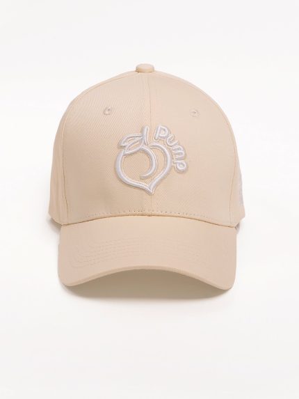Beige baseball cap with visor and white embroidered Peach Pump logo