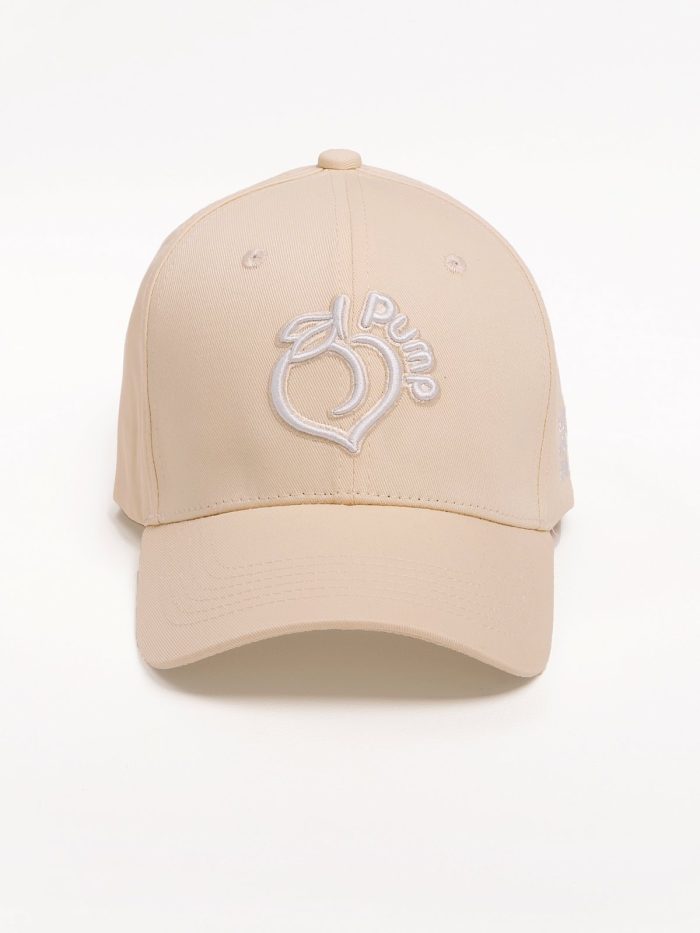 Beige baseball cap with visor and white embroidered Peach Pump logo