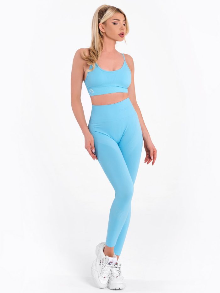 Jasnoniebieskie bezszwowe legginsy i biustonosz z wkładkami od Peach Pump