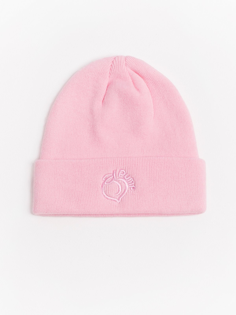 Pink winter beanie in soft fabric with embroidered Peach Pump logo
