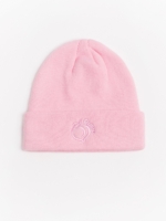 Pink winter beanie in soft fabric with embroidered Peach Pump logo