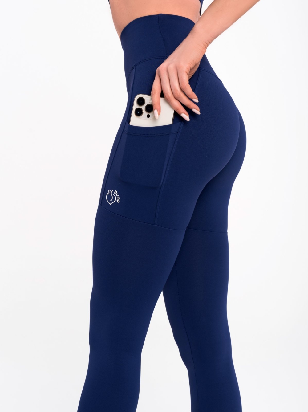 Sporty dark blue leggings with high waist side pockets