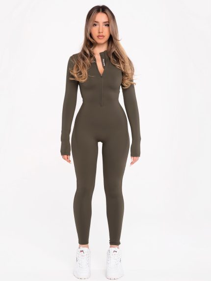 Fleeced dark green sport jumpsuit type catsuits