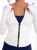 White sports jacket with hood and zip with Peach Pump lettering