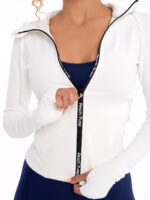 White body zip jacket with lettering and hood that tightens