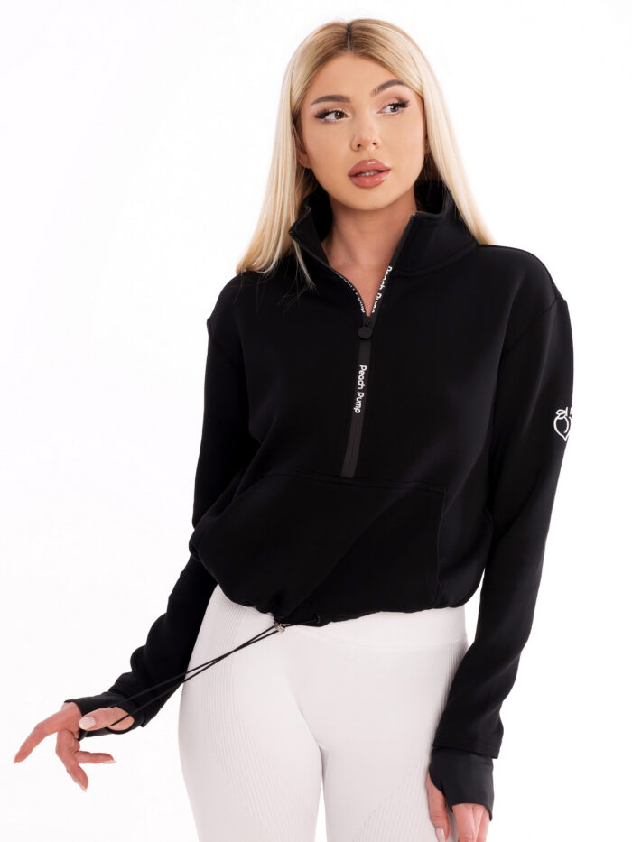 Hanorac sport negru cu fermoar de damă cu inscripții Peach Pump