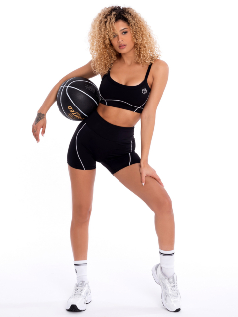 Black sports bustier with padding and white lines