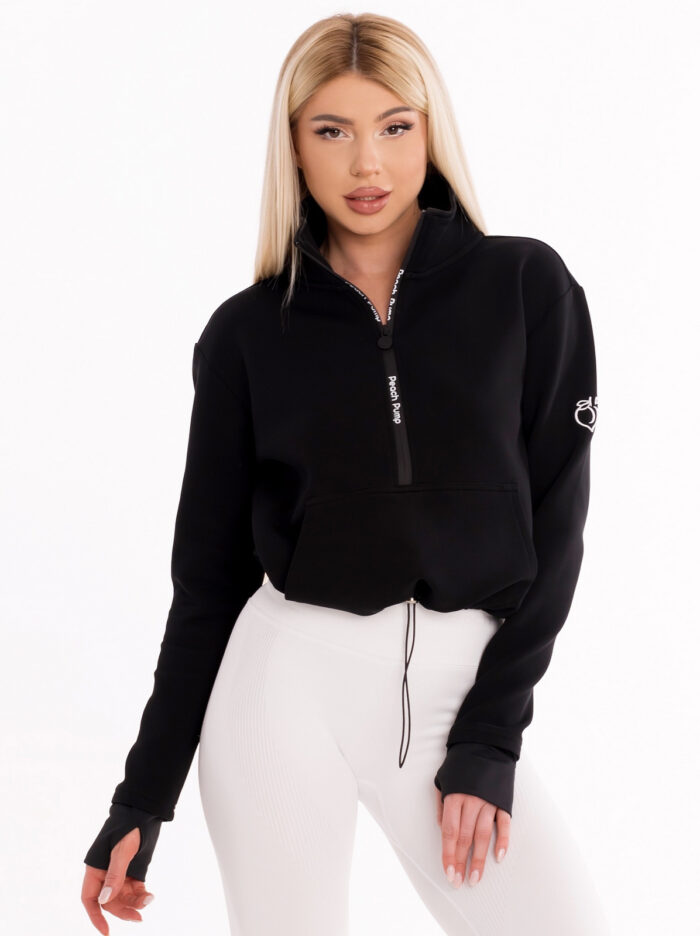 Hanorac sport negru cu fermoar de damă cu inscripții Peach Pump