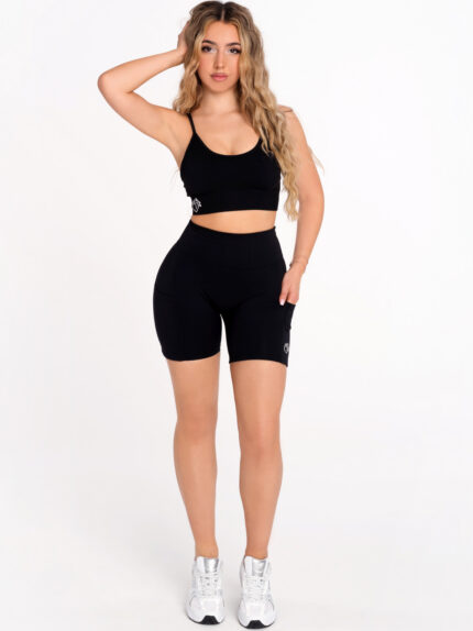 Colanți scurți negri modelatori cu talie înaltă și buzunare