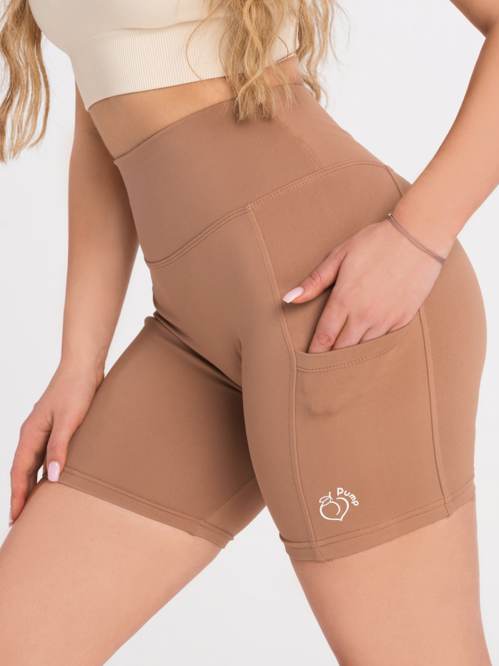 Divatos női sport leggings barna színben, zsebekkel