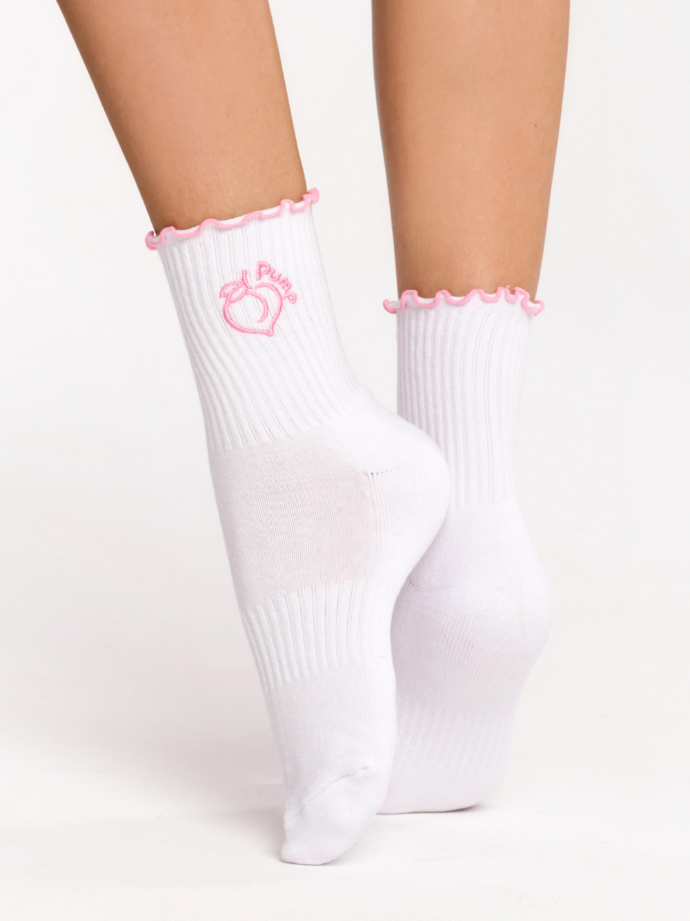 Women's white socks with pink embroidery and ruffled edges