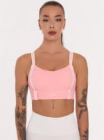 Pink sports bra with front lettering along the length Peach Pump and padding