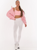 Striking pink sports bra with Peach Pump lettering