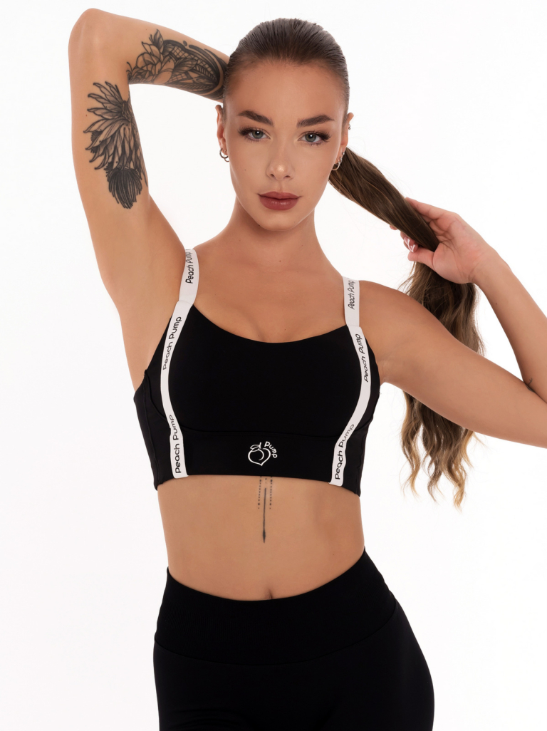 Bustieră sport neagră cu căptușeală Push-up și bretele albe cu inscripții negre Peach Pump