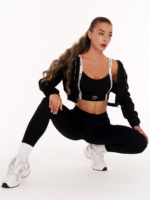 Sutien sport negru cu bretele albe și inscripții Peach Pump pe lungime