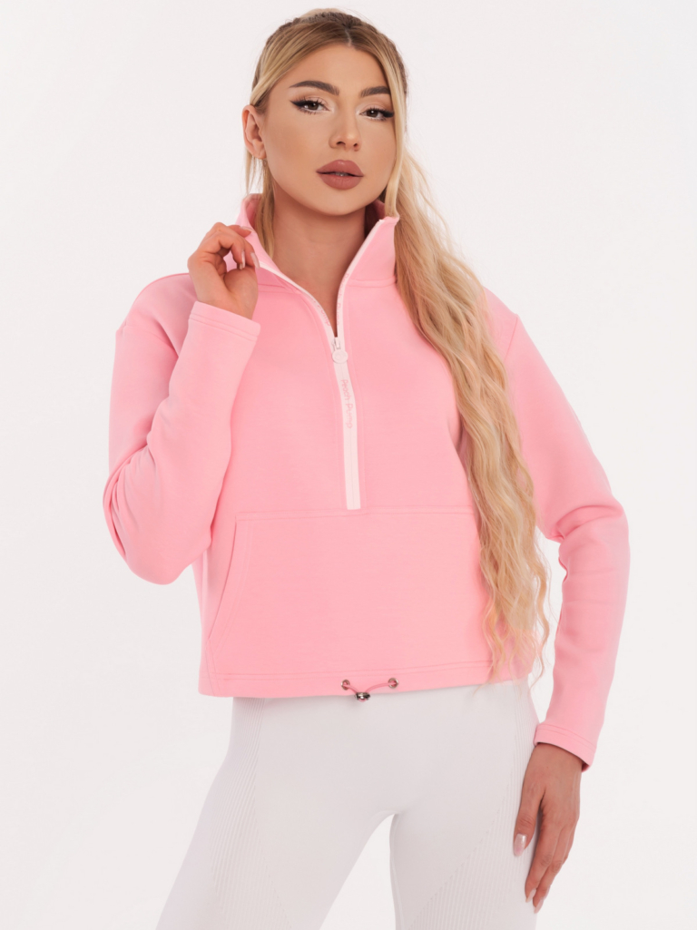 Rózsaszín sportfelső Peach Pump felirattal és állítható, húzózsinóros derékrésszel