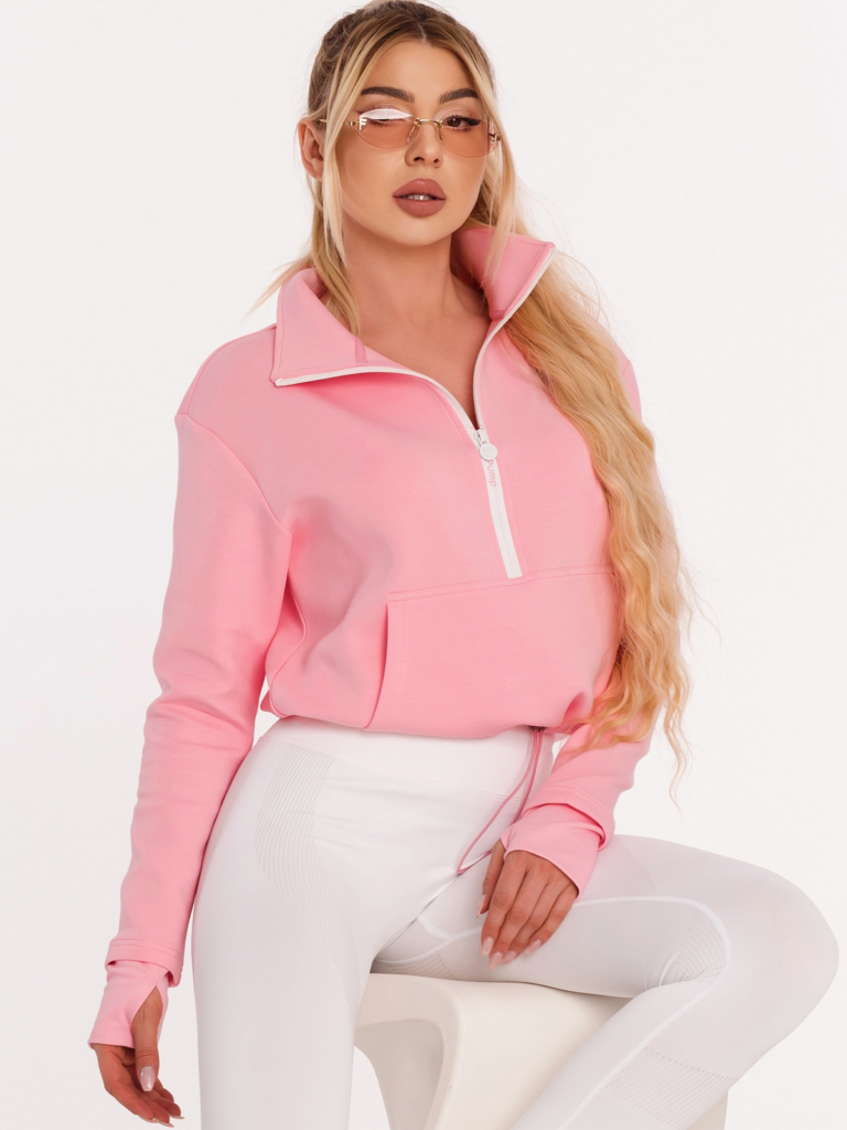 Rózsaszín felső cipzárral és Peach Pump felirattal