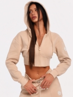 Beiger Damen Cropped Hoodie aus weichem Baumwoll-Mix.